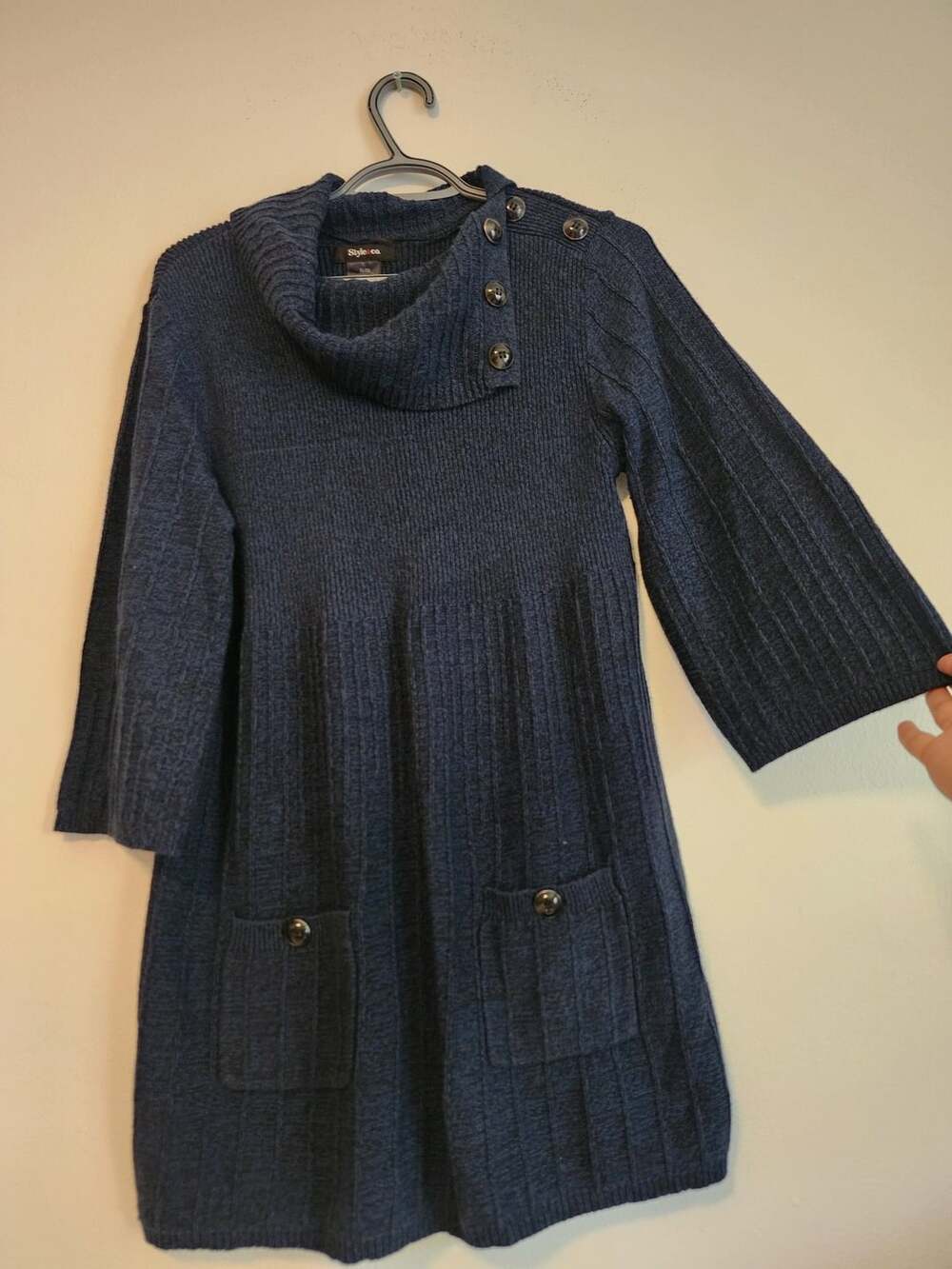 Cowl Neck Button Sweater Dress Size XL Blue Marled Knit Cooton blend